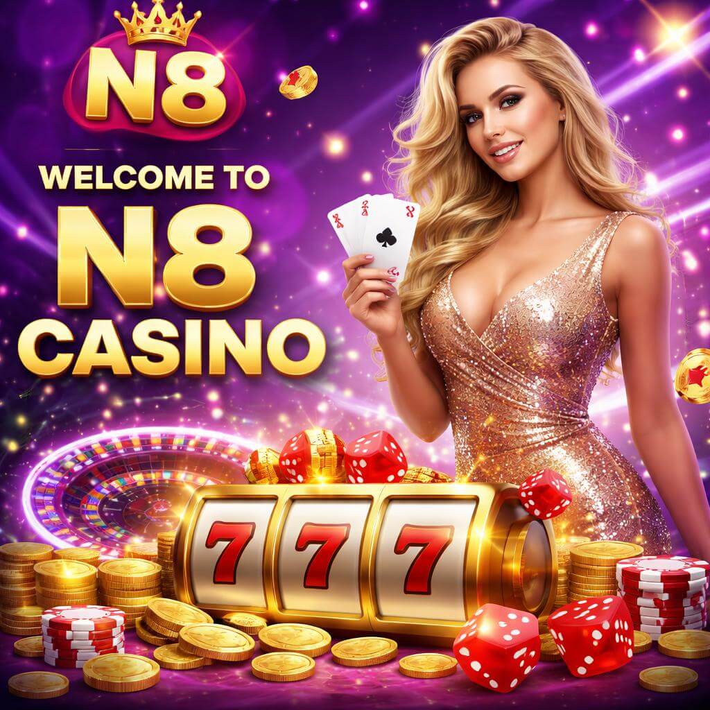 N8 casino homepage highlighting colorful slot reels and premium game variety